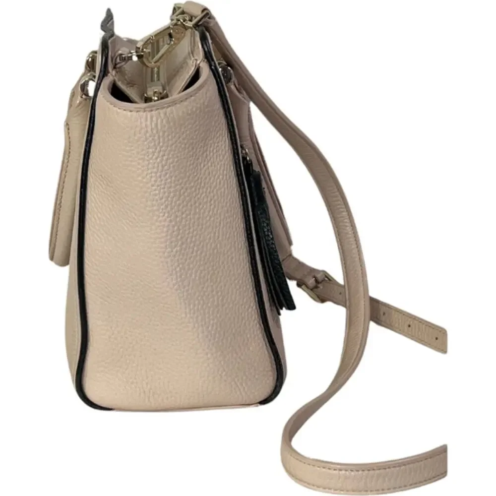 Kate Spade NY Beige Pebbled Leather Double Handle Zip Shoulder Bag Tassel